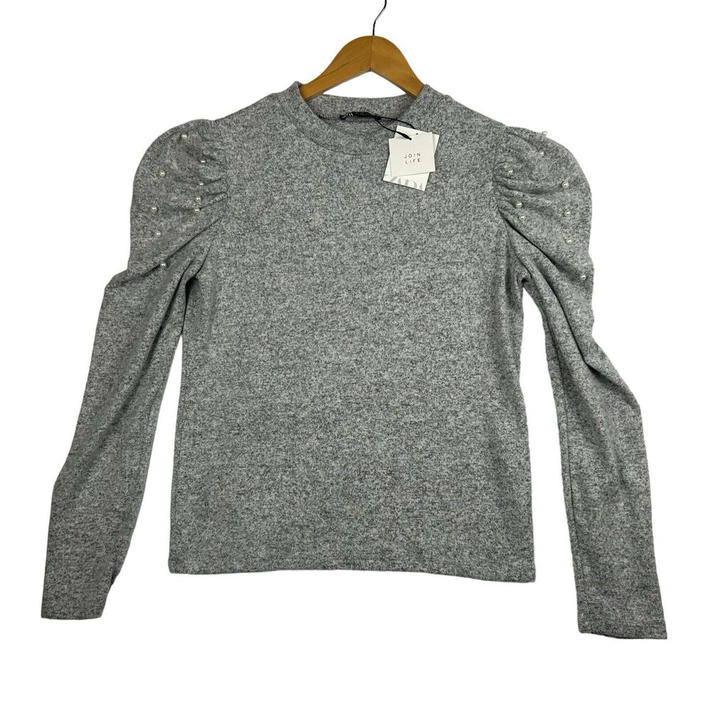 ZARA Sweater Women's Sz L Gray Puff Sleeve Pearl Embellished Crew Neck